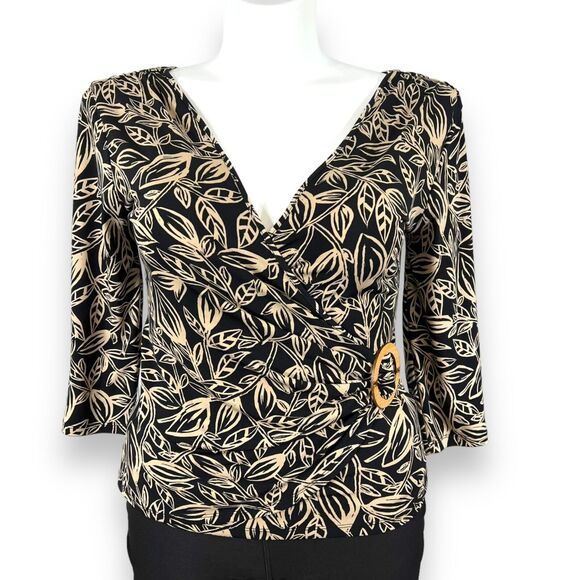 George Womens Blouse Top Faux Wrap V Neck Stretch Pullover Cream Black Large - Picture 2 of 12